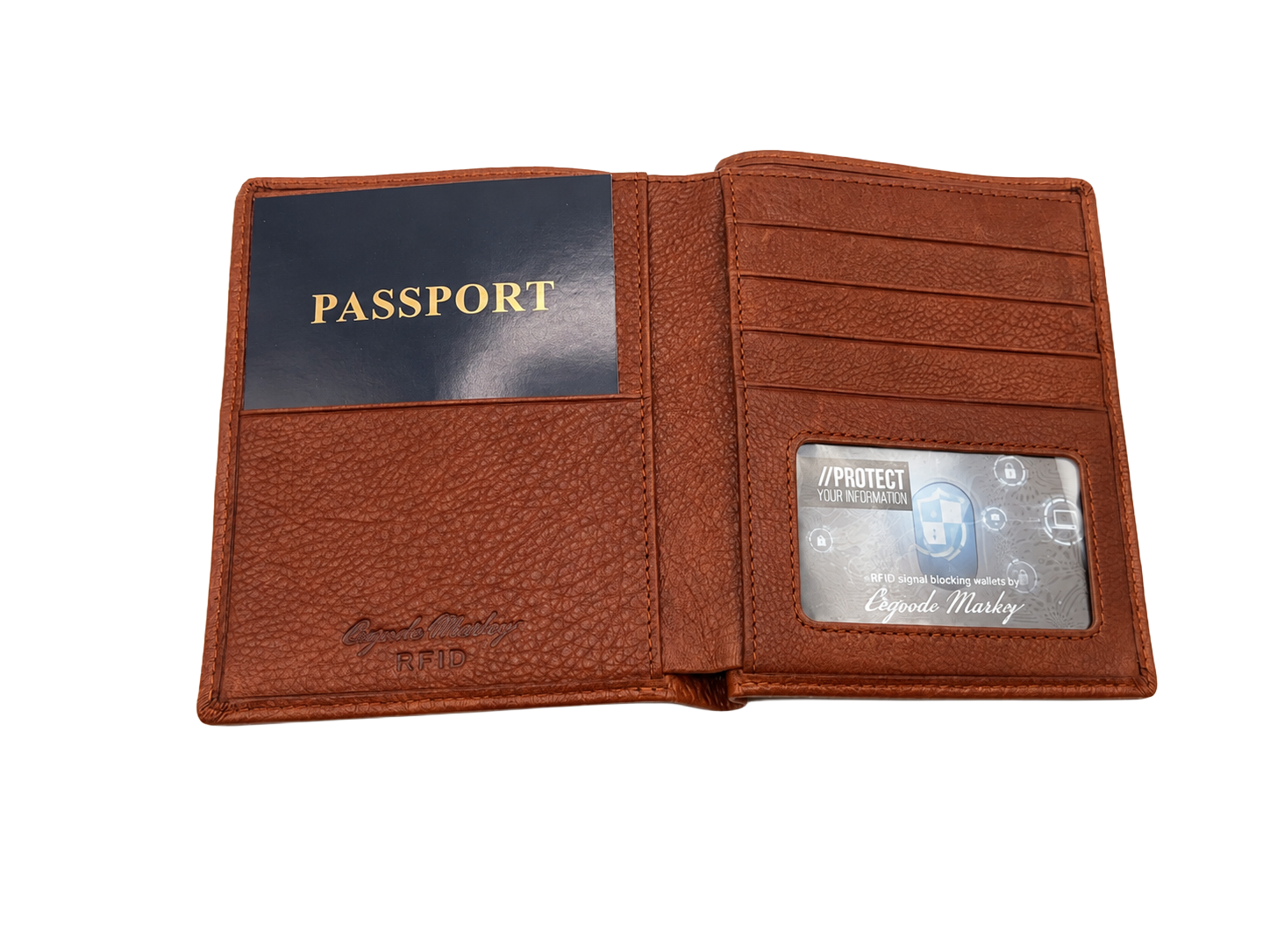 Open brown leather RFID wallet holding a navy blue passport holder and a clear ID card holder with an RFID blocking card inside.