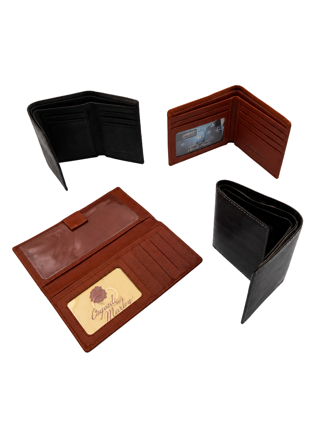 Open brown and black leather wallets with card slots and interior compartments on a white background.