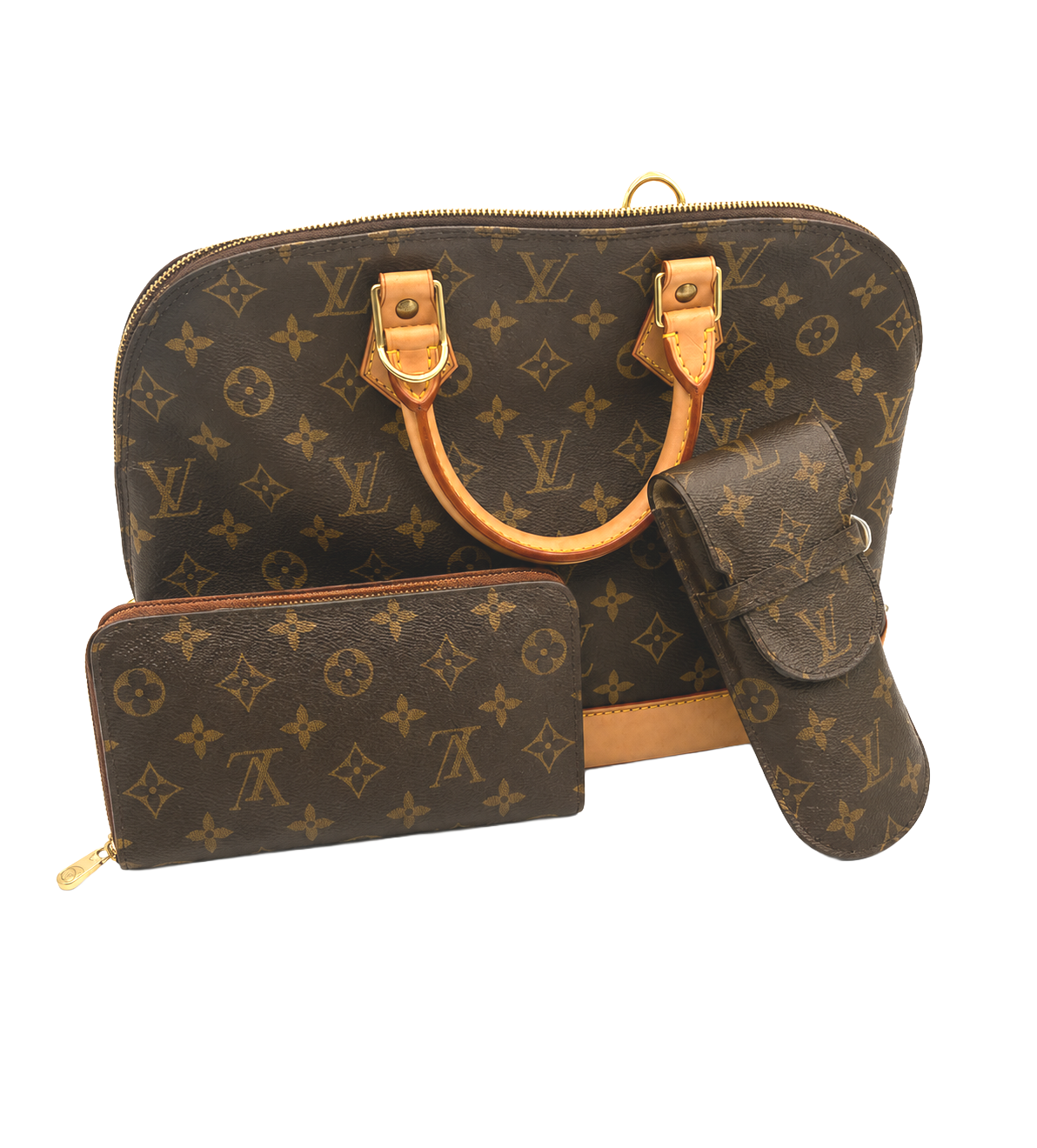Set of Louis Vuitton bags including a large brown monogram handbag, a rectangular pouch, and a small round pouch, all with the signature LV pattern.