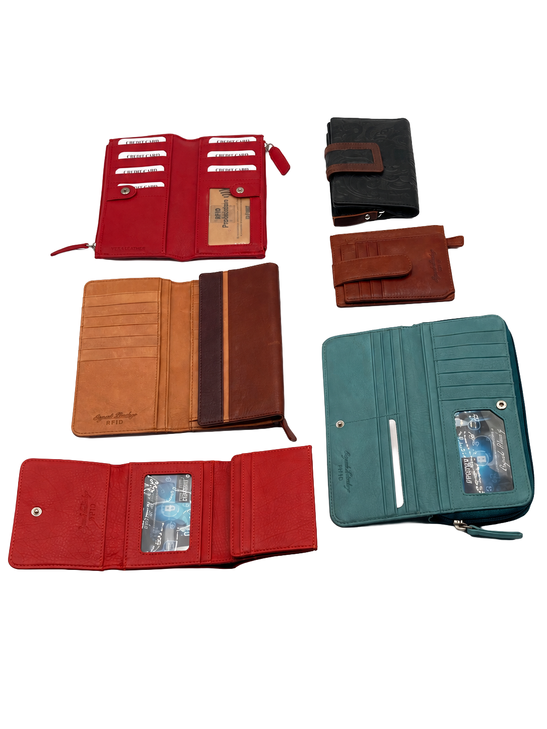 Various leather wallets and organizers, some open displaying card slots and RFID protection, in different colors including red, black, brown, and teal.