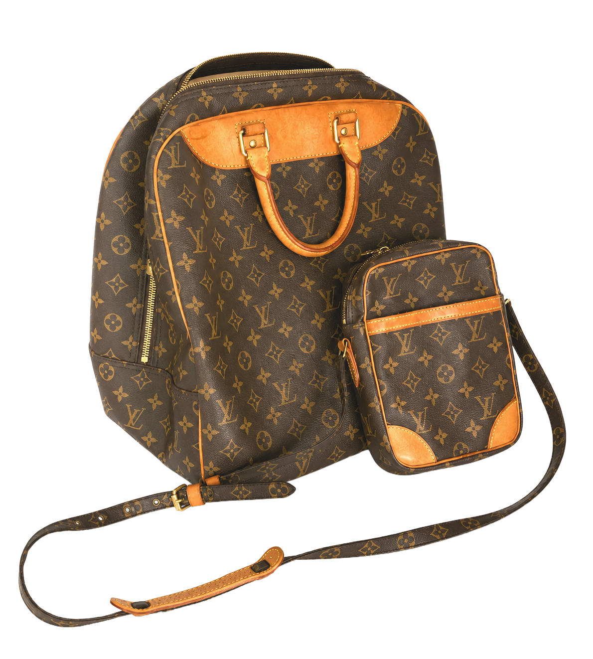 A Louis Vuitton backpack and matching crossbody bag with the brand's monogram pattern in brown and tan leather accents.