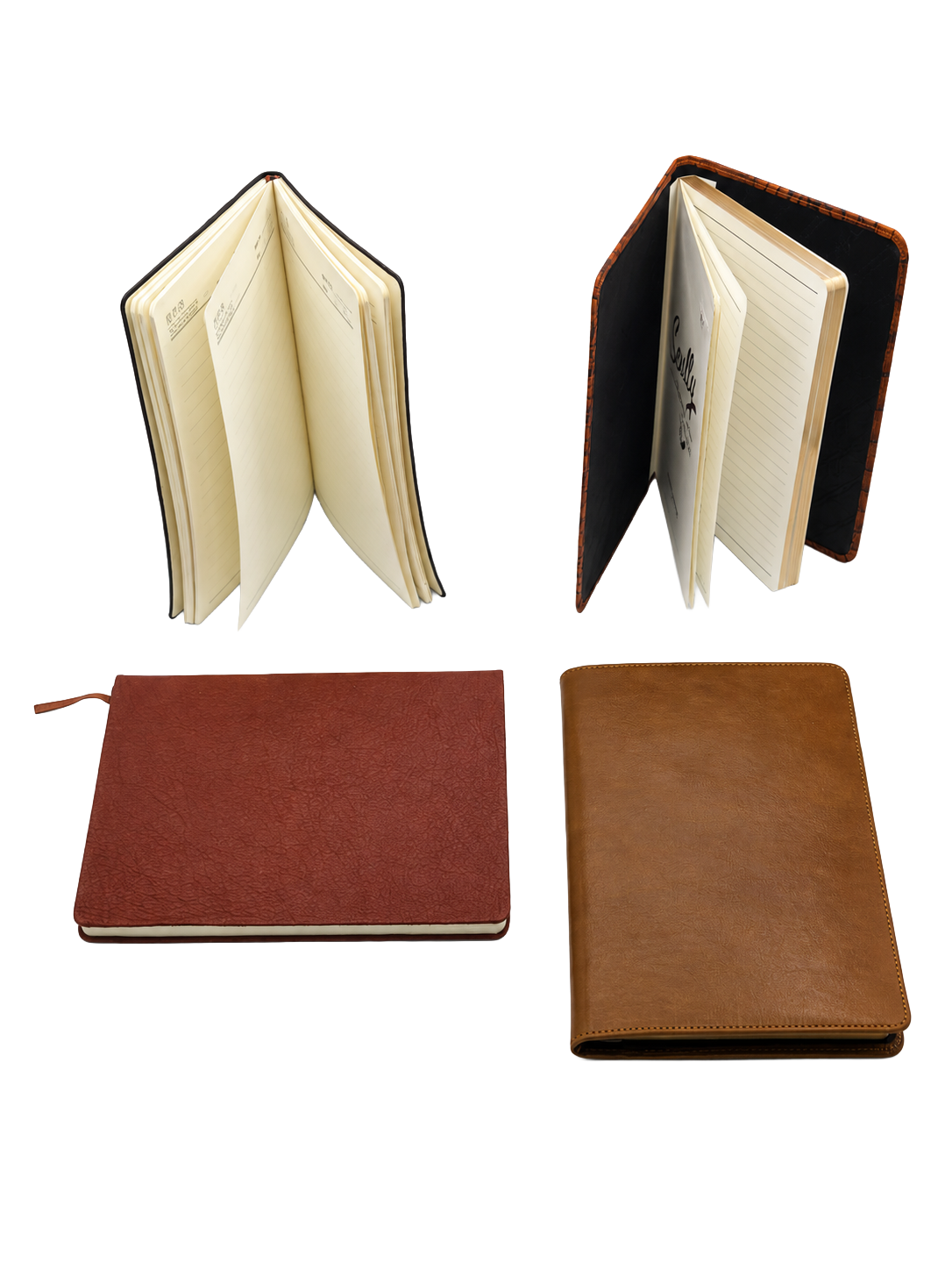 Three leather-bound notebooks with different textures and colors, two open showing lined paper pages, and one closed.