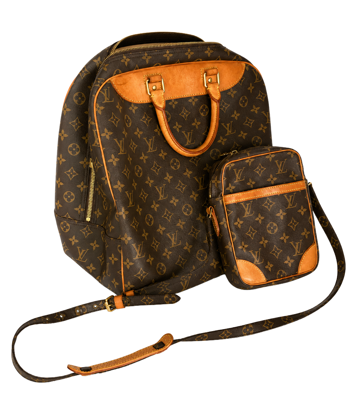 A brown Louis Vuitton backpack and matching crossbody bag with the brand's monogram pattern and leather accents.