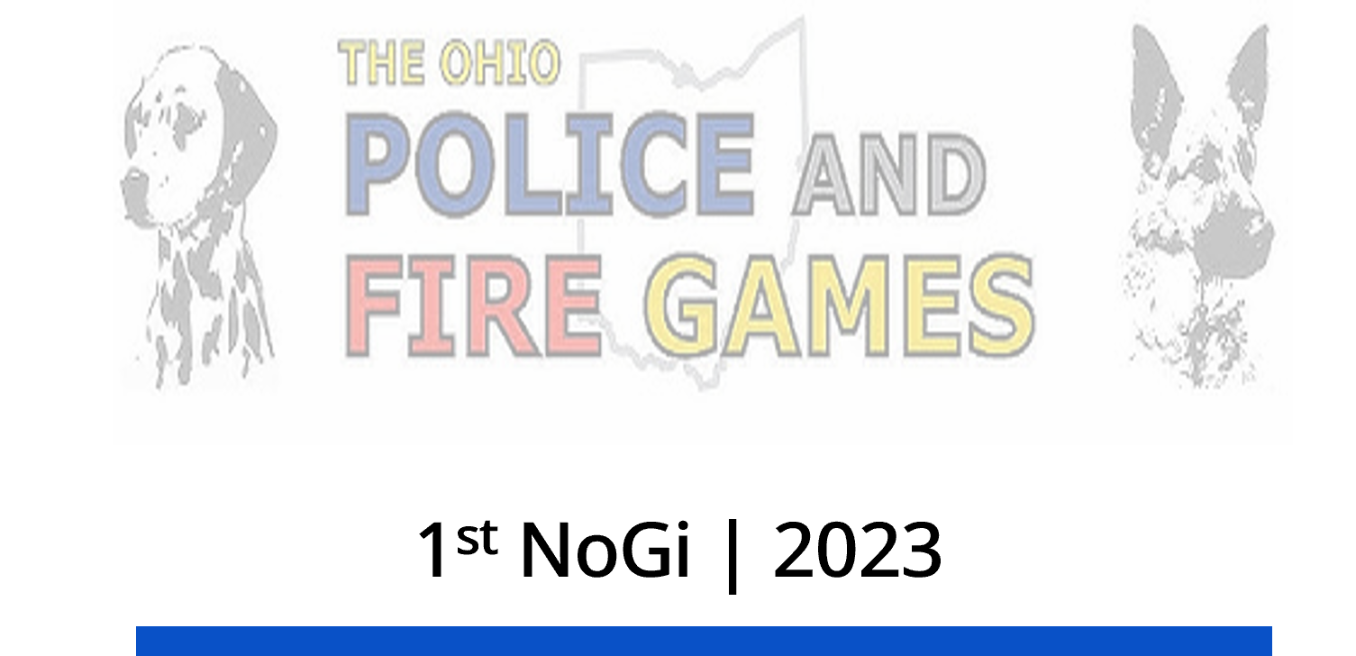 Text reading "The Ohio Police and Fire Games" with images of a police dog on the left and a German Shepherd on the right, set against a white background with a faint outline of Ohio.