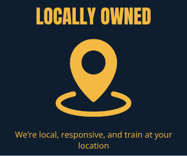 A graphic with a dark blue background and yellow text that reads "Locally Owned" at the top, a large yellow location pin icon in the center, and smaller yellow text at the bottom that says "We're local, responsive, and train at your location."