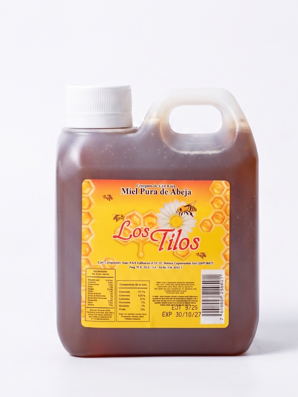 Envase de miel pura de abeja con etiqueta amarilla y de la marca Los Tilos, con dibujo de abeja y flor, y fecha de vencimiento 30/10/27.