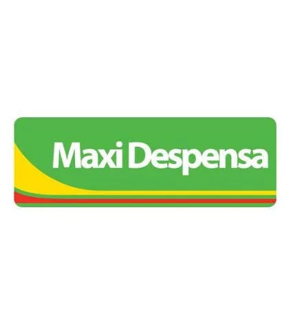 Etiqueta de supermercado que dice 'Maxi Despensa' con fondo verde y detalles en amarillo, rojo y línea fina en verde