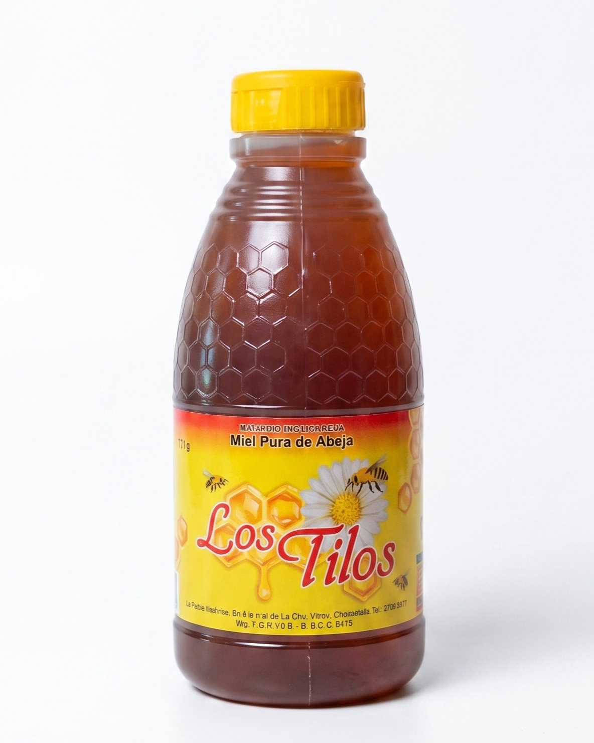 Botella de miel pura de abeja con etiqueta amarilla y diseño de abeja, flor y panal en el envase.