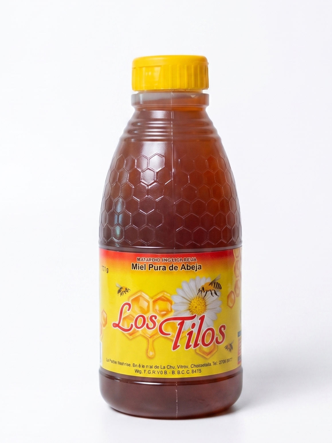 Botella de miel pura de abeja con etiqueta amarilla y un diseño de panal y abeja, marca Los Tilos.