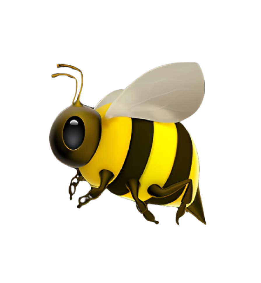 Abeja amarilla con negro, alas blancas, cabeza grande y ojos oscuros.