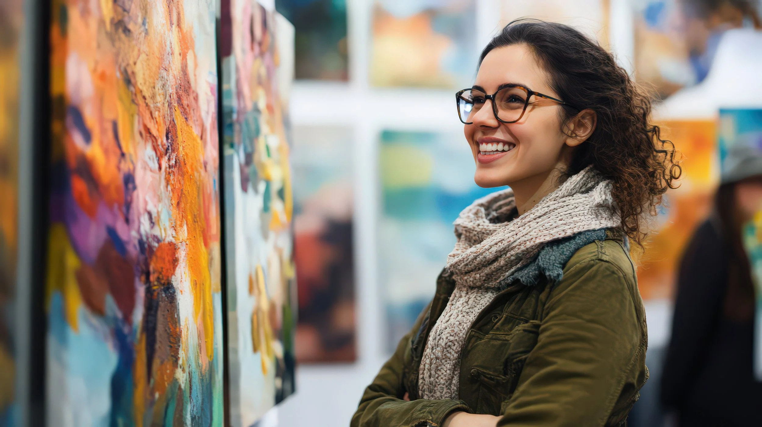 A young woman with curly brown hair, wearing glasses, a green jacket, and a beige scarf, smiling and looking at colorful abstract paintings in an art gallery.