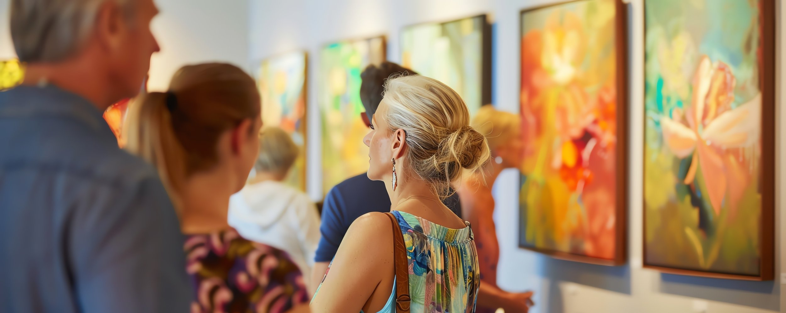 People viewing colorful abstract paintings in an art gallery.