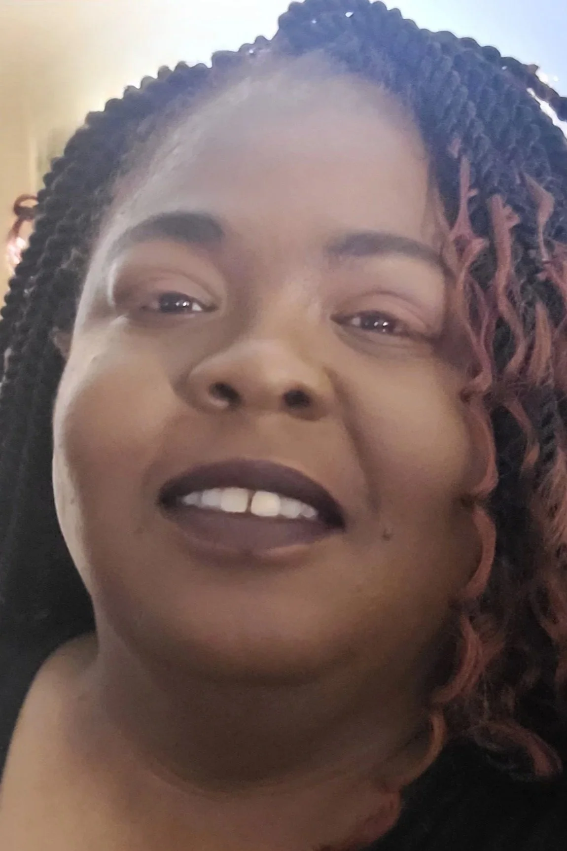 Close-up of a woman's face with dark lipstick, brown and reddish twisted braids, smiling slightly, with visible teeth.