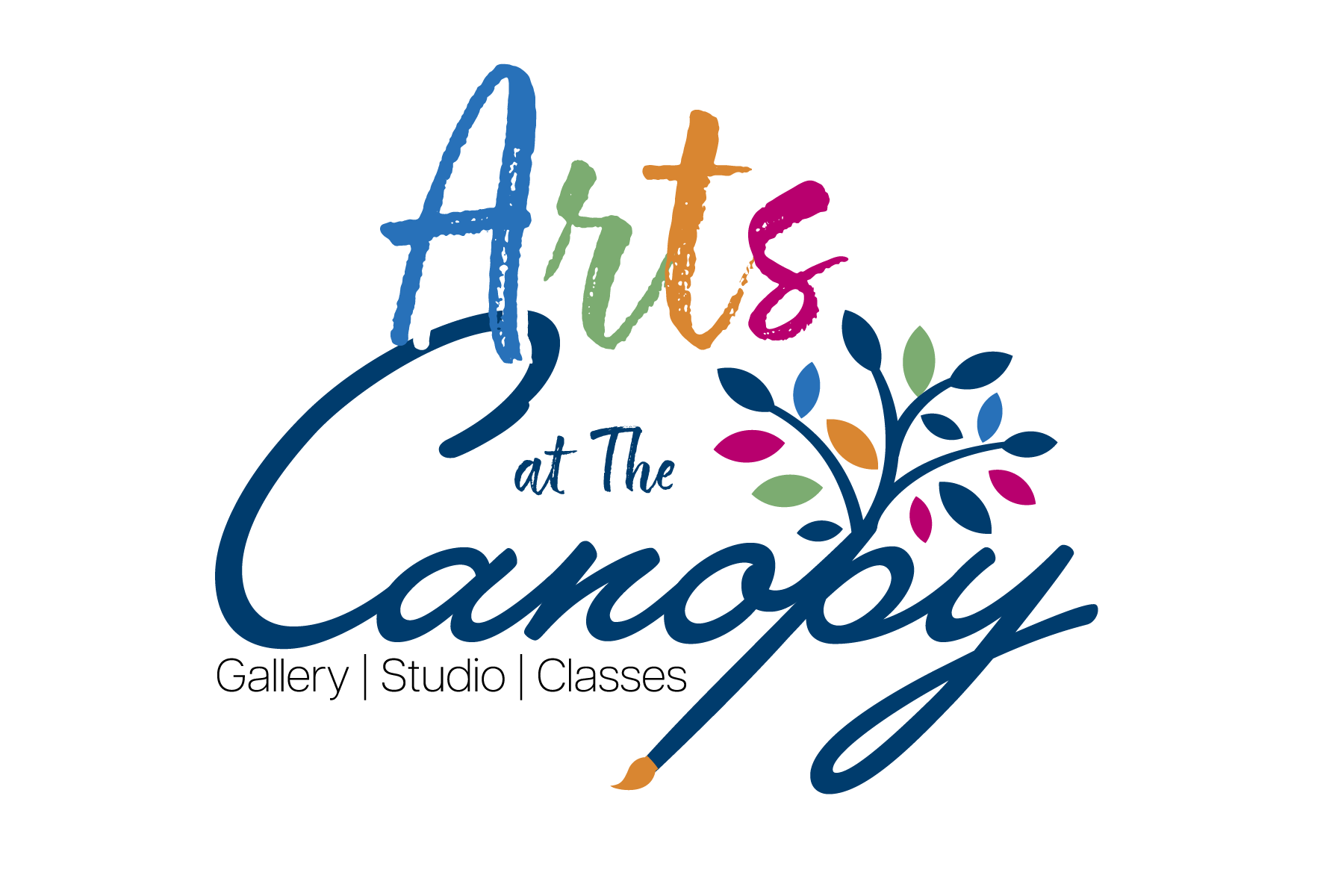 Colorful logo for Art at the Canoery featuring artistic brush stroke text and a floral design.