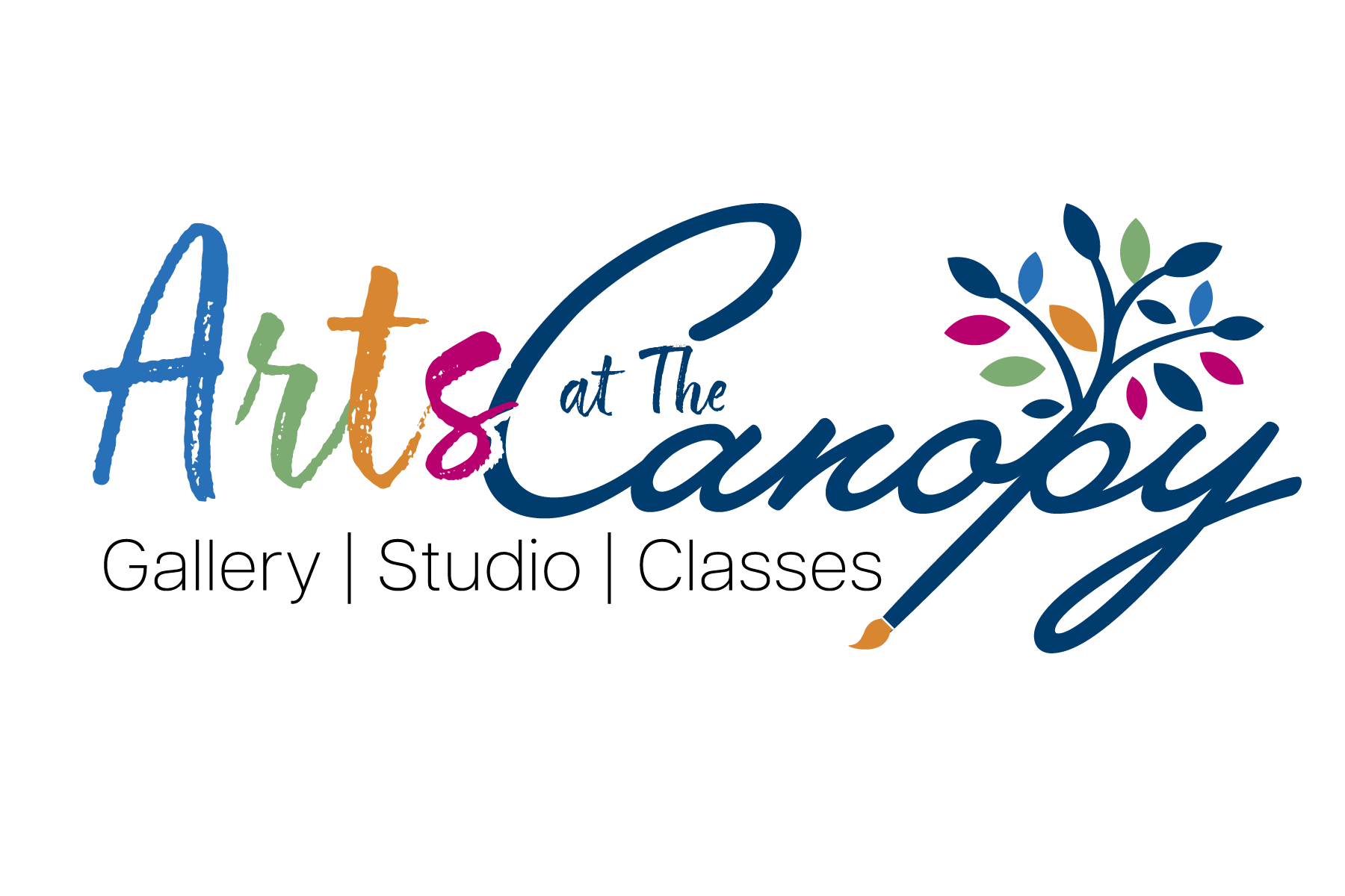 Colorful text reading "Artist at The Canvas" with a paintbrush and a tree with multicolored leaves.