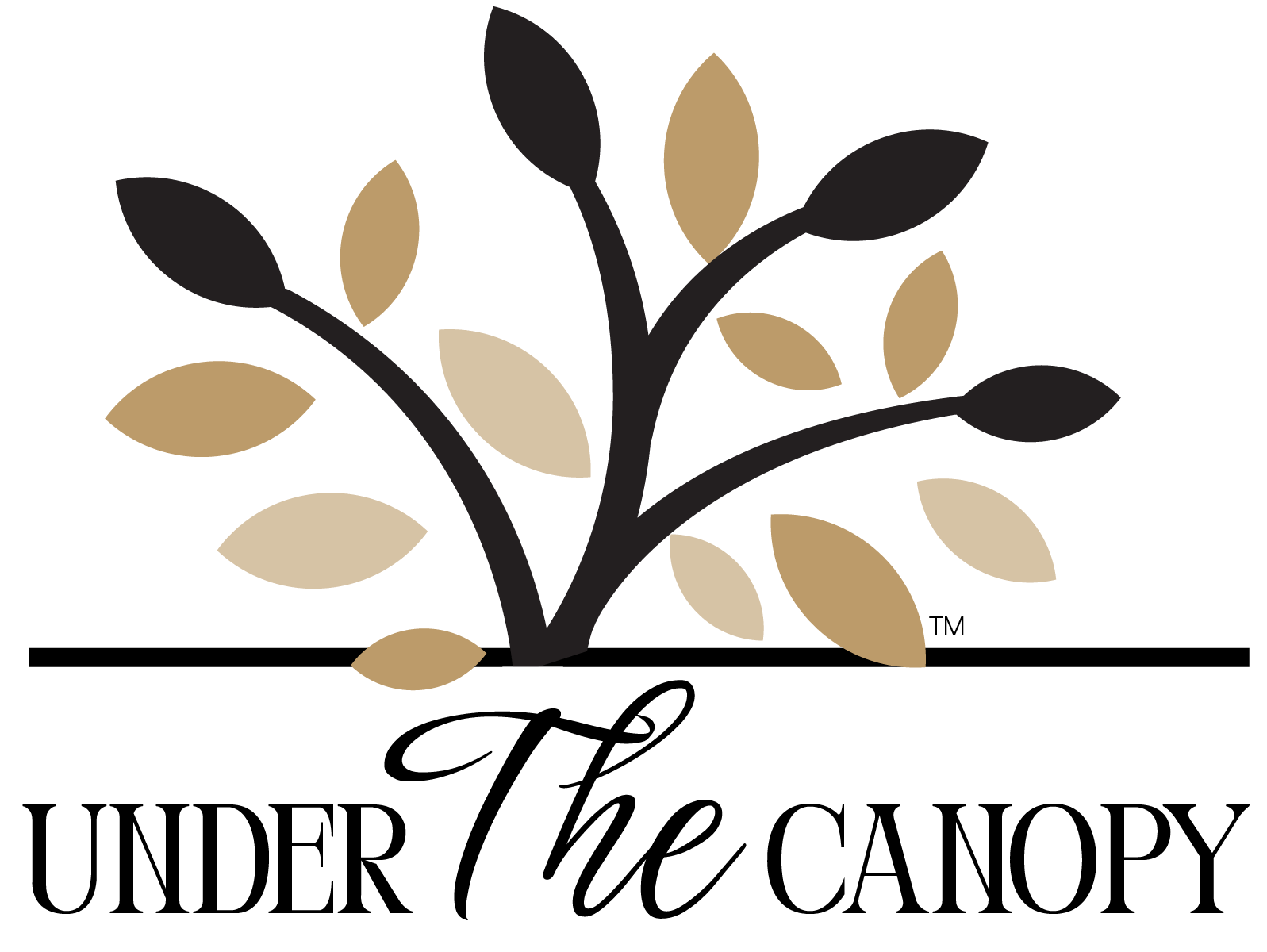 A stylized illustration of a tree with black branches and a mix of gold and black leaves, and a small white rectangle at the bottom.