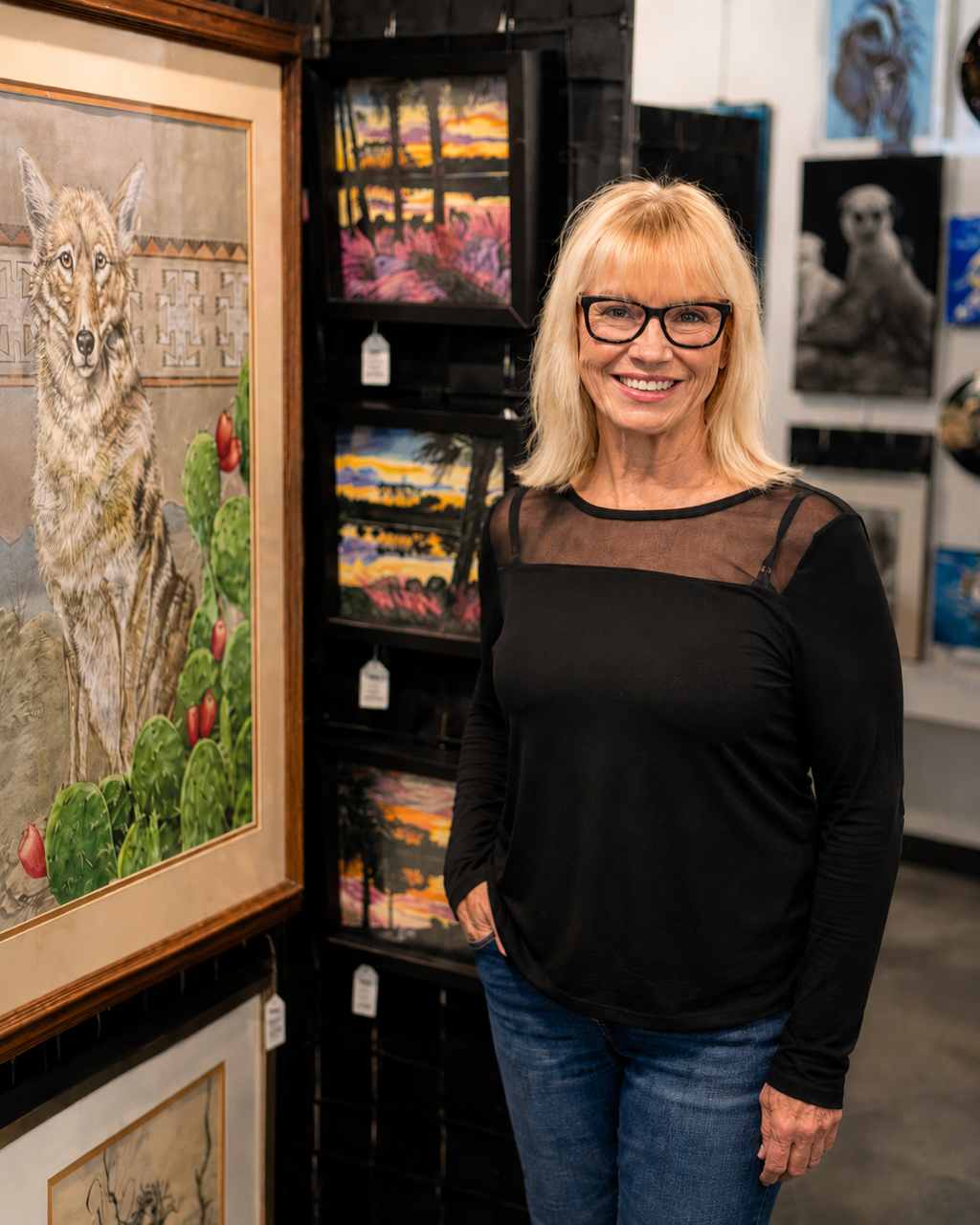 A woman with blonde hair and glasses smiling at an art gallery, standing next to a framed painting of a wolf and cactus in a desert landscape.