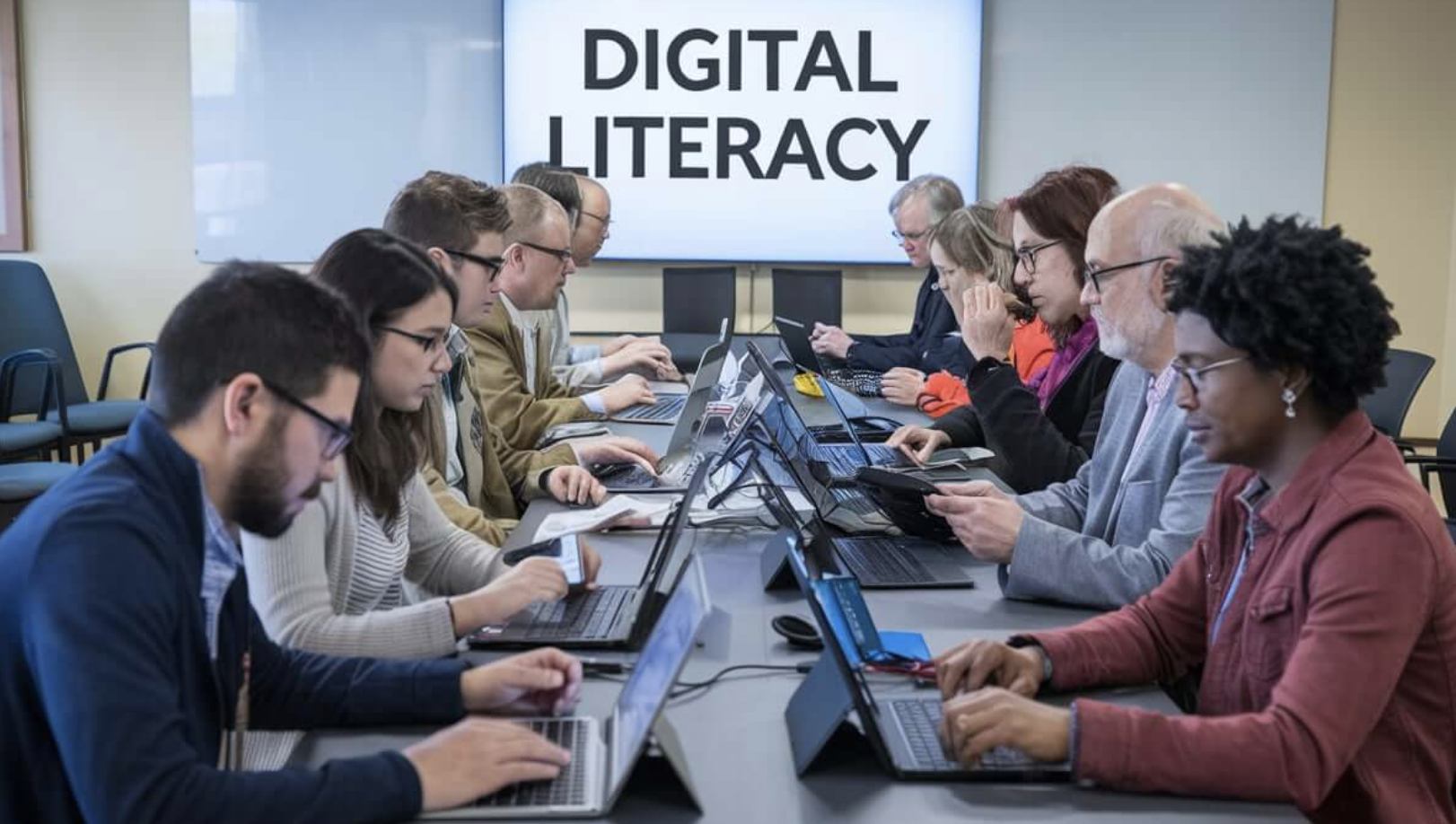 Group of diverse adults working on laptops and tablets in a conference room with a large screen displaying 'Digital Literacy'