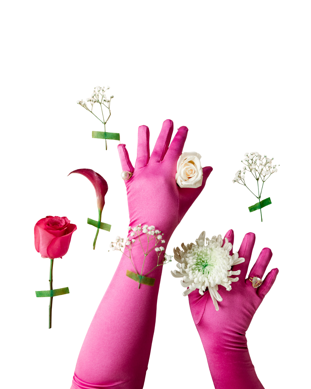 Summer Carrick's two hands in pink gloves arranging white roses with other pink and white flowers floating around, decorated with green floral tape, symbolic of the brand design process in Portland, Oregon.