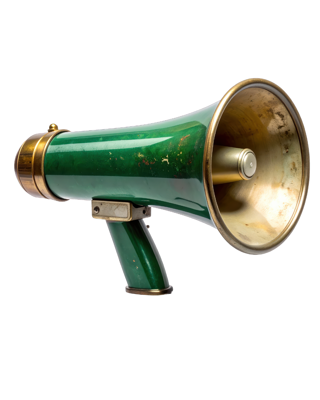 Green and gold vintage megaphone isolated on black background.