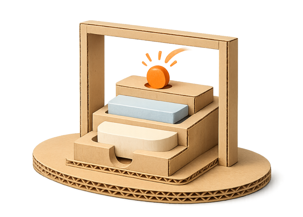 A small cardboard model of a pyramidal staircase with a red and orange antenna on top, set on a round cardboard base.
