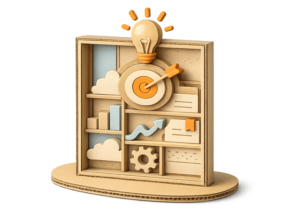 Wooden organizational board with icons representing growth, goals, and ideas, including a light bulb, cloud shapes, bar graph, upward arrow, gear, and document elements.