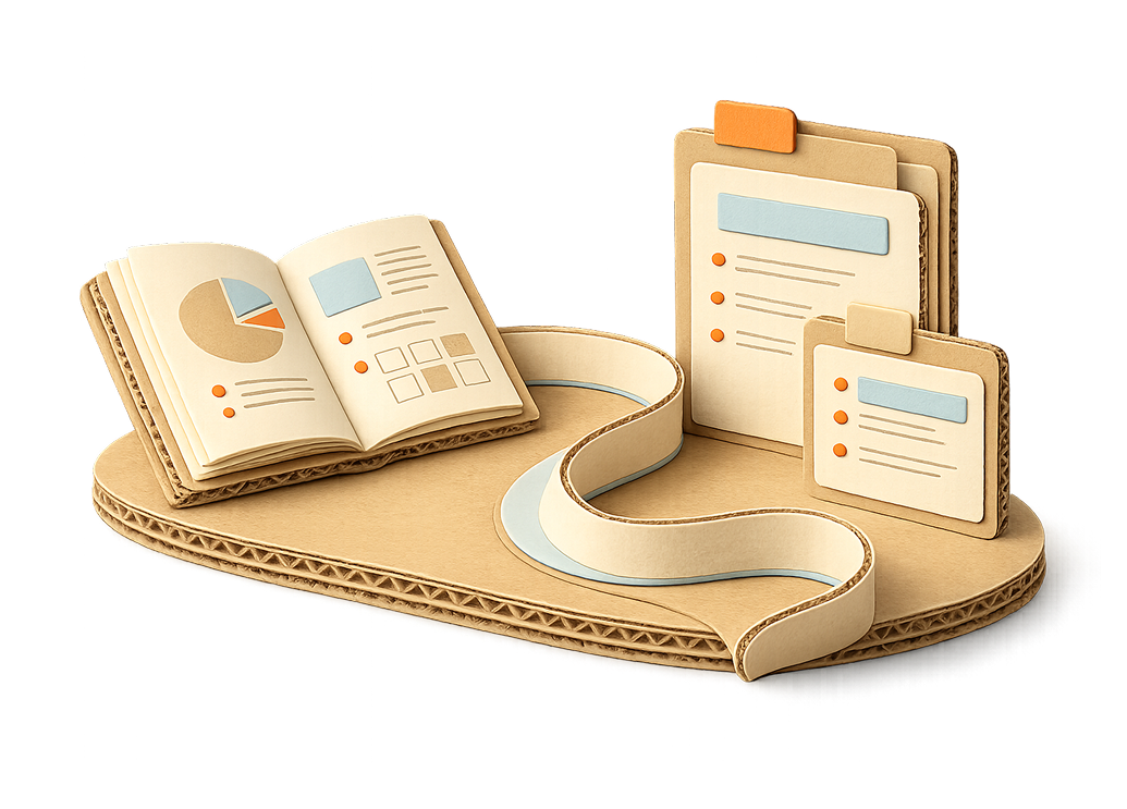 Cardboard desk organizer with documents, charts, and a small open booklet with graphs and pie charts.