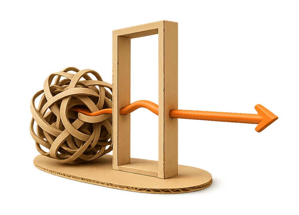 A wooden mousetrap with a large rubber band ball inside, an open rectangular wooden frame, and an orange rubber arrow aimed to the right.