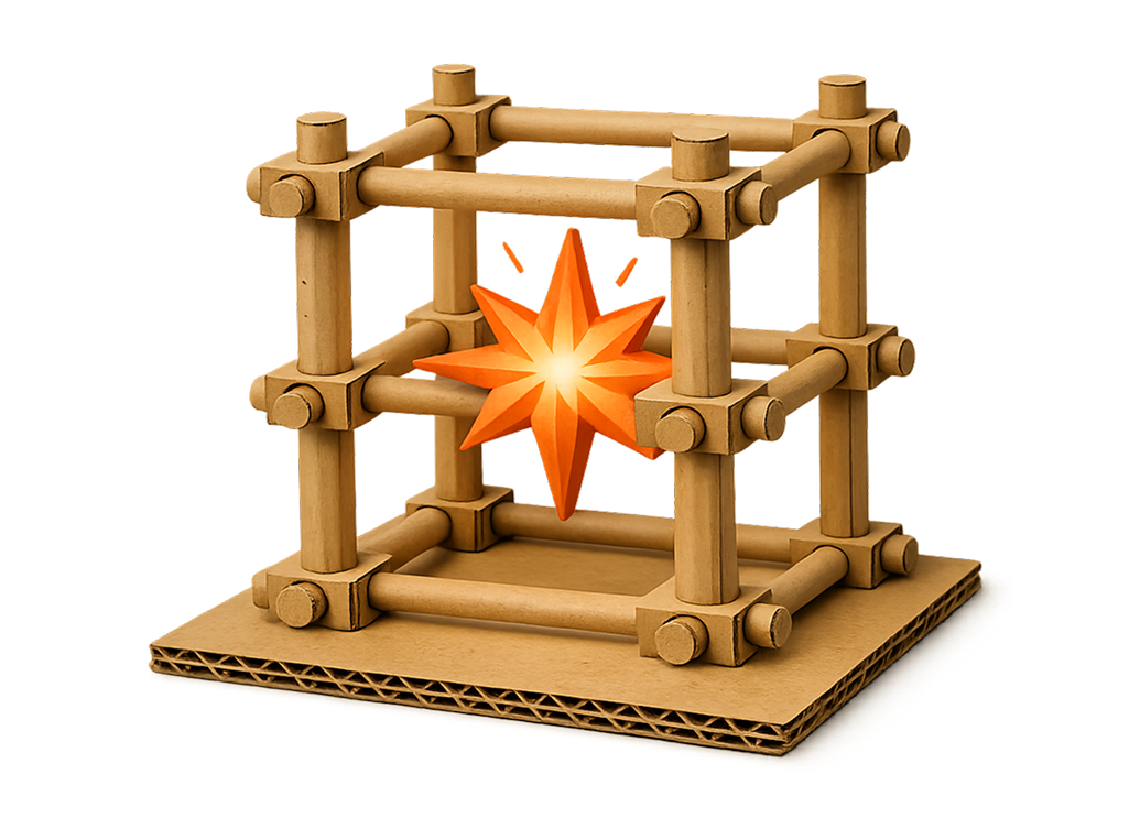 A cardboard and wooden structure resembling a game or a model with a red star-shaped element in the center.