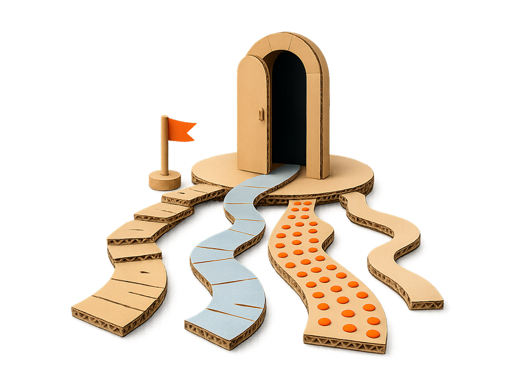 Cardboard model of a multi-path maze leading to a small doorway with a red flag marking one pathway.