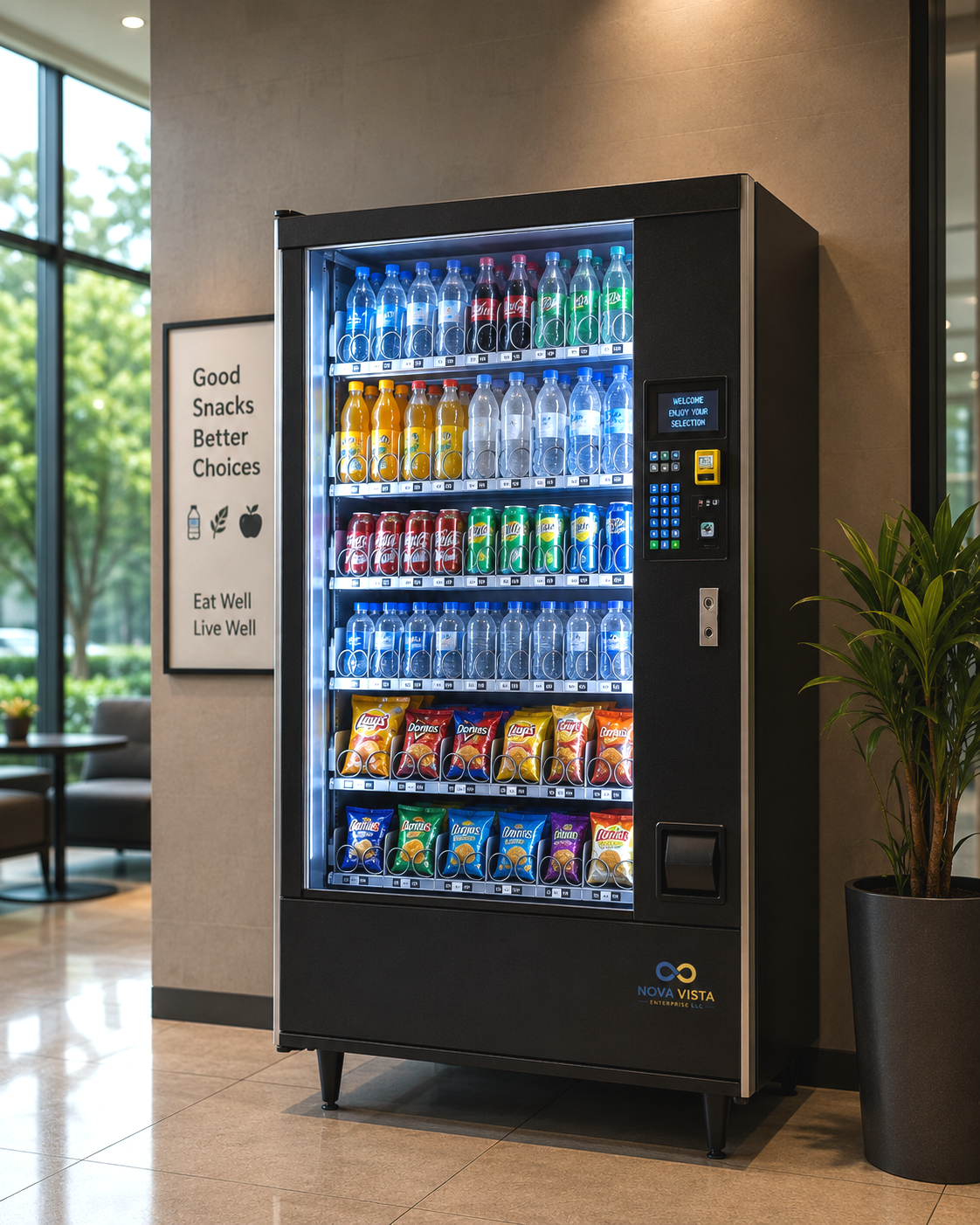Vending machine with bottled drinks and snack bags in a lobby or office break room, with a plant nearby and a sign on the wall that says 'Good Snacks Better Choices, Eat Well Live Well'.