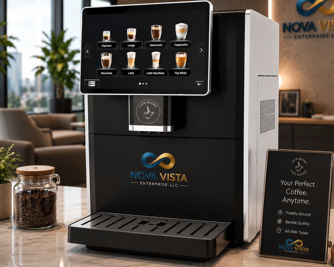 Coffee vending machine with a digital screen displaying various coffee options, logo of Nova Vista Enterprise LLC, and a sign promoting fresh ground, barista quality, and all milk types.