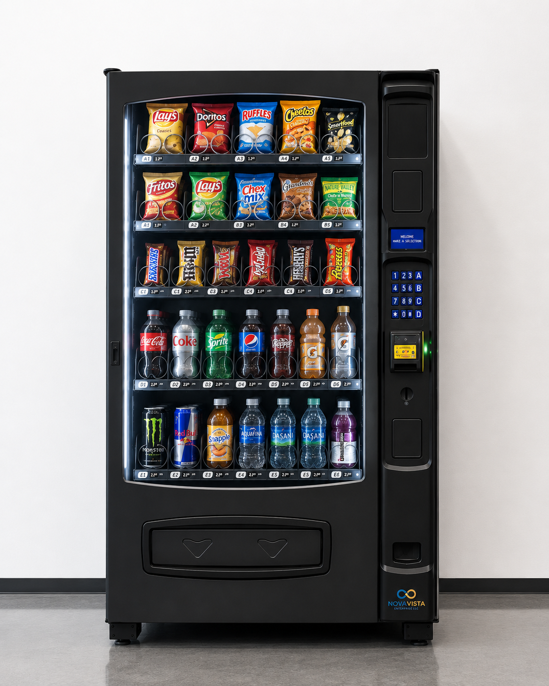 A vending machine filled with snacks and beverages, including chips, candy, and bottled drinks, against a plain wall.