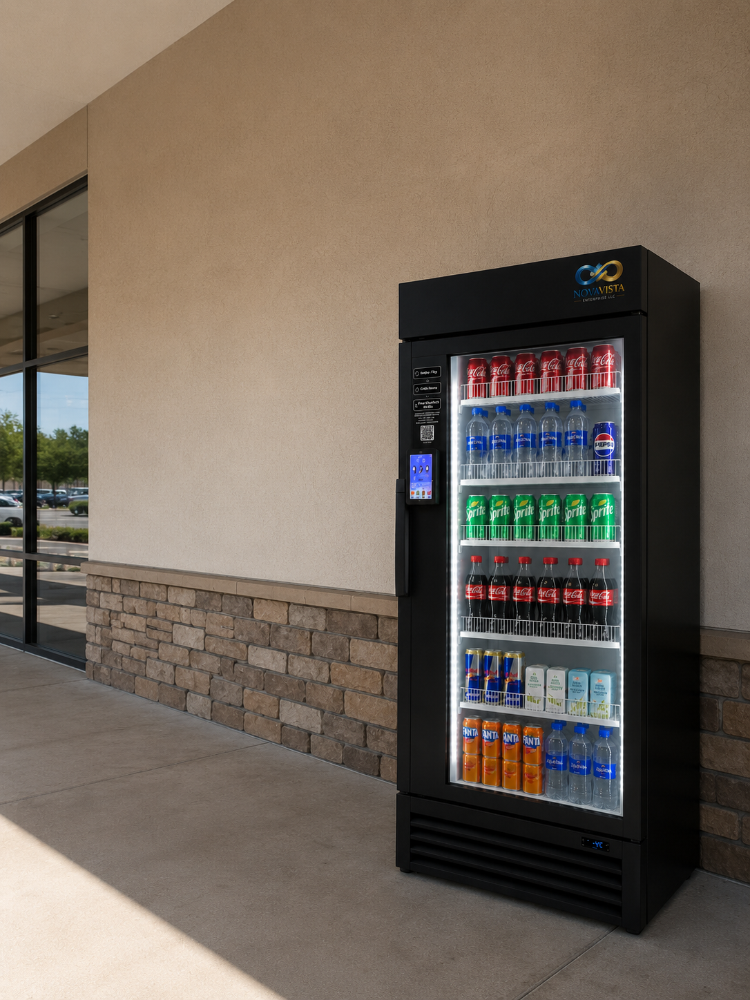 A beverage vending machine with Coca-Cola, Pepsi, Sprite, Fanta, and water bottles inside, located outside near a building with a stone and stucco wall.