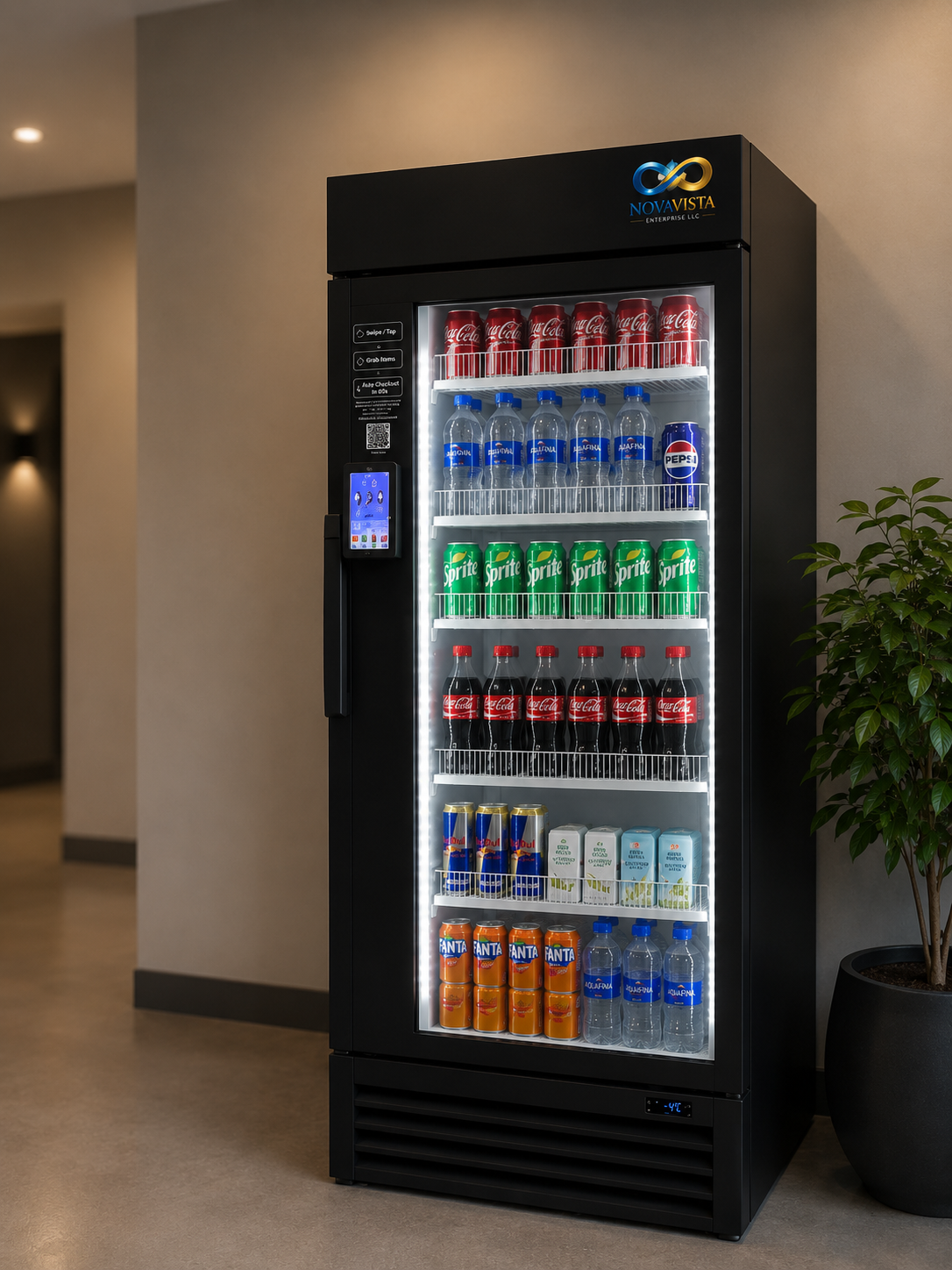 A vending machine filled with various soft drinks including Coca-Cola, Pepsi, Sprite, Fanta, and water bottles, located indoors near a potted plant.