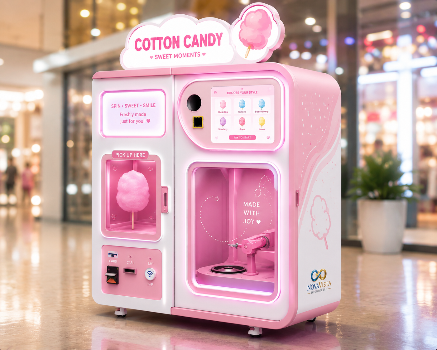 Pink cotton candy vending machine with a sign that says 'Cotton Candy Sweet Moments', featuring a cotton candy spin area, touch screen for selecting styles, and payment options at the bottom.