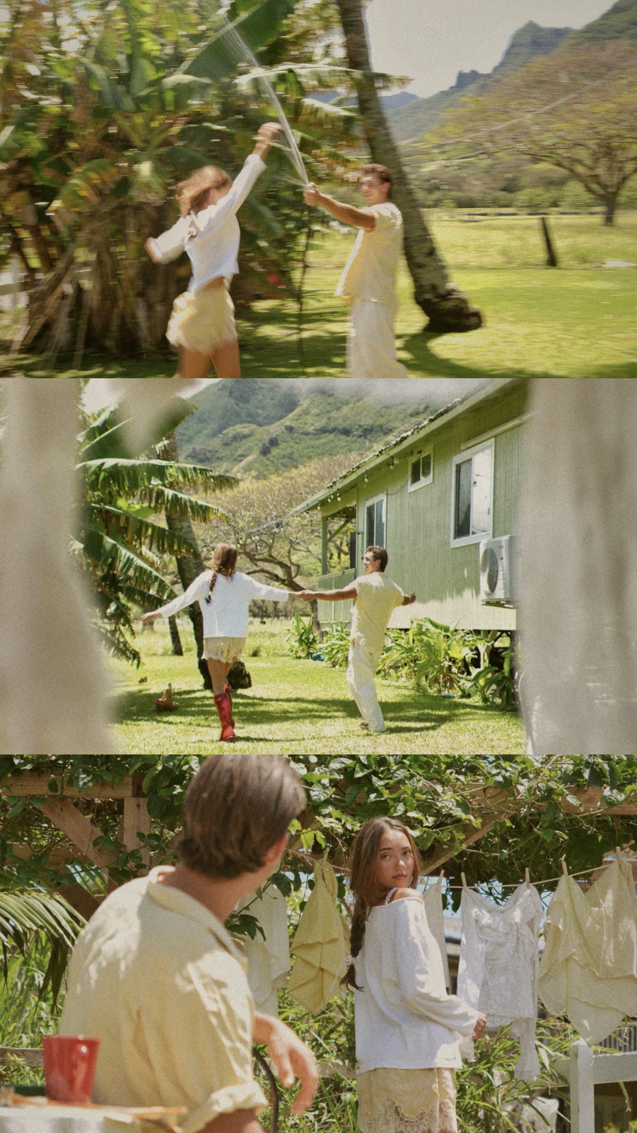 Three scenes of young people enjoying a sunny day outdoors, with plants, trees, and mountains in the background. In the first scene, a girl and a boy are playing with water outside. In the second scene, a girl and a boy are holding hands and dancing,