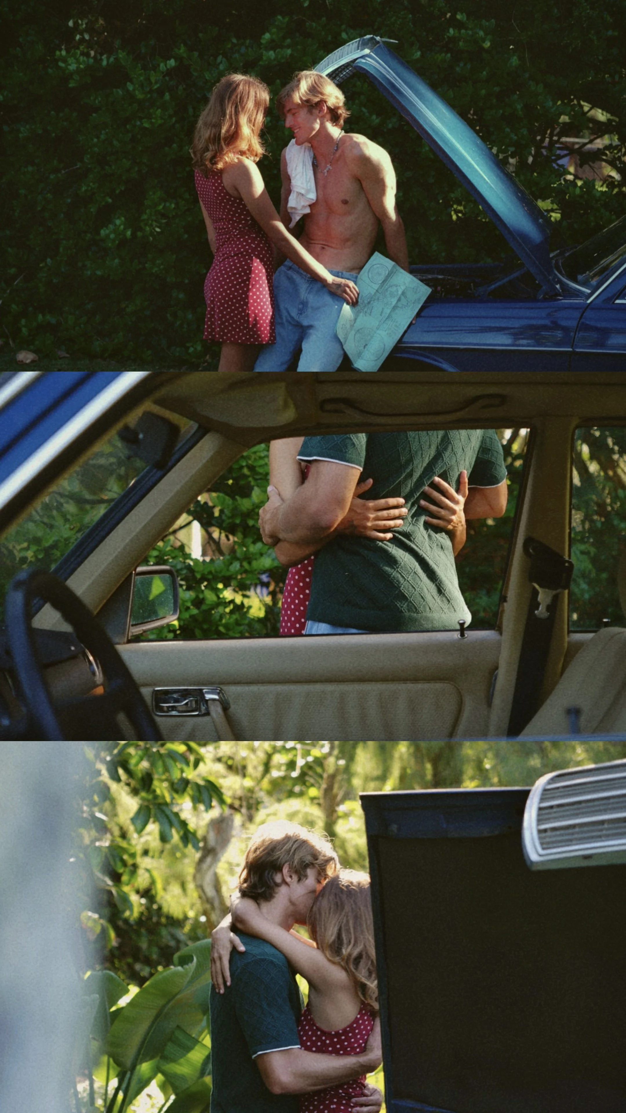Three scenes of a couple, a man and a woman, sharing an intimate moment outdoors next to a blue car, with greenery in the background. The first scene shows them close together, the second scene shows the car interior with the couple outside, and the 