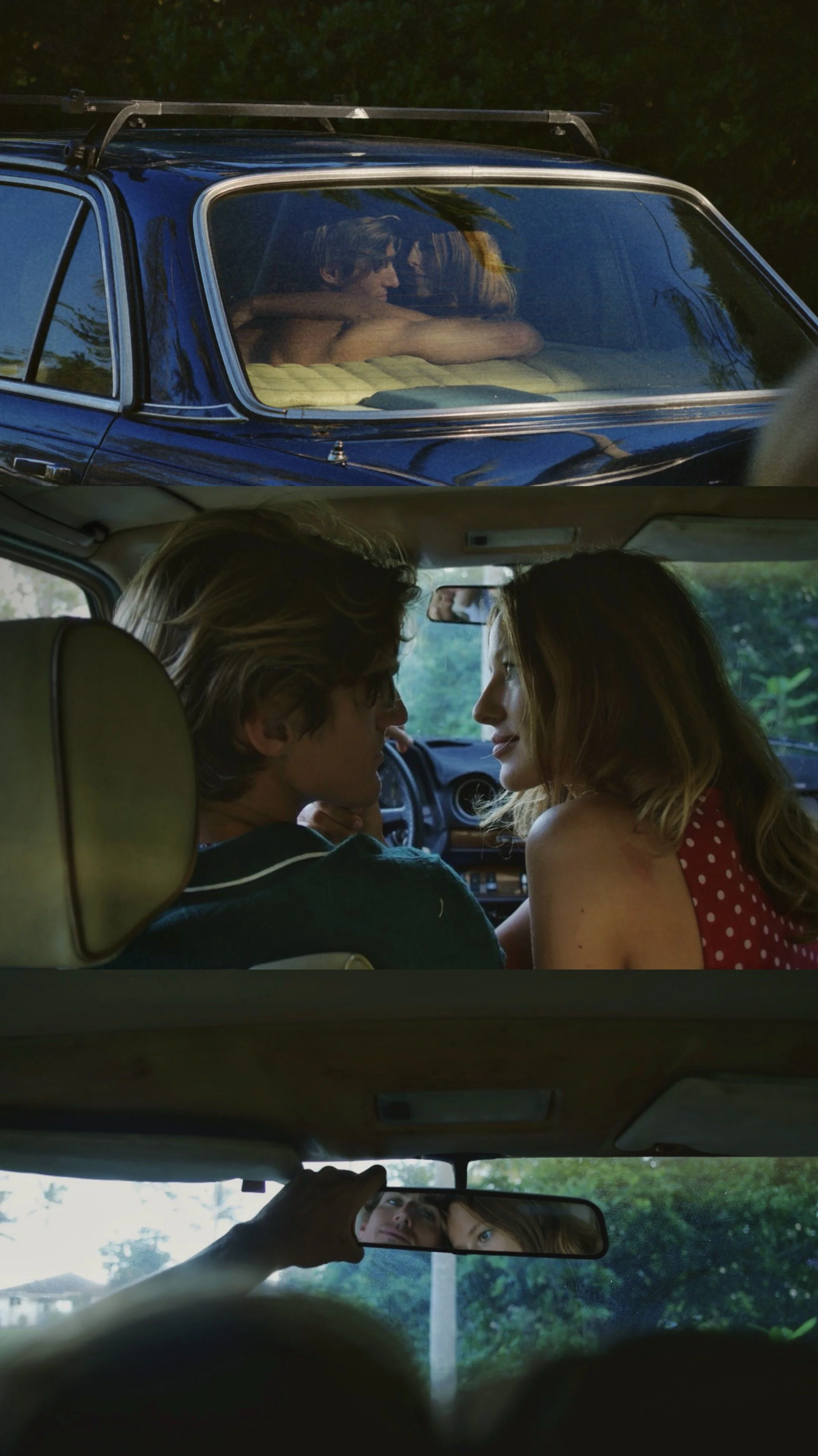 A collage of three photos showing a couple in a car and outside, with people inside and outside the vehicle, capturing different moments and interactions.