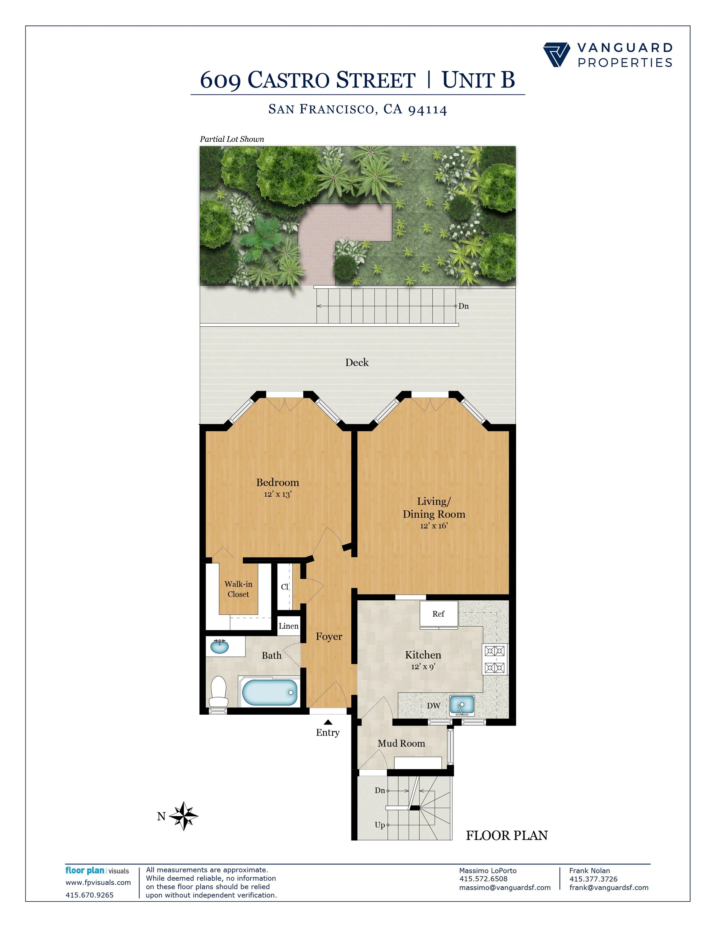 A floor plan of a house showing rooms including a bedroom, living/dining room, kitchen, bathroom, foyer, mud room, and staircases, with an outdoor deck and landscaped garden area.