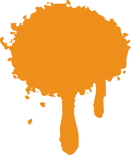 An orange paint splatter with a drippy tail on a black background.