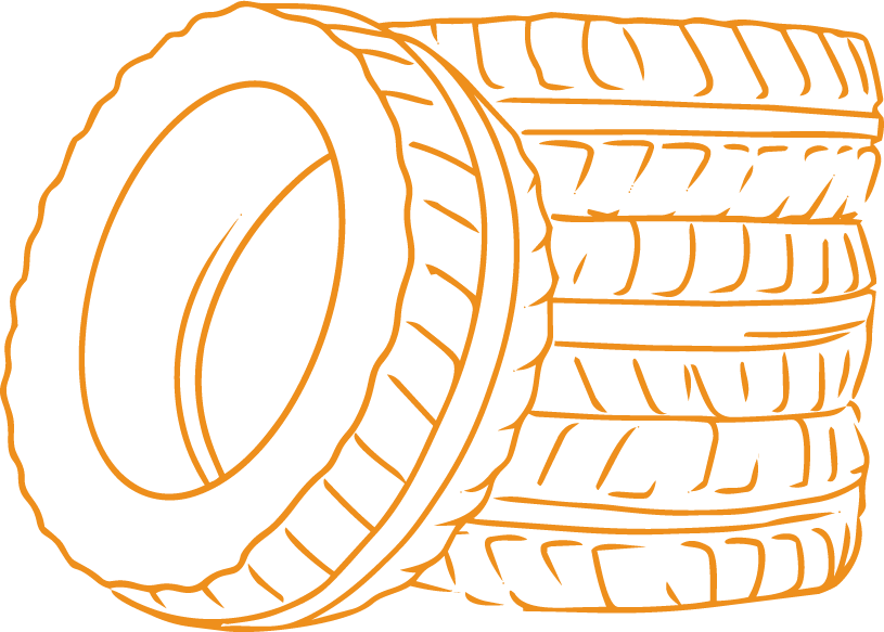 Line drawing of a tire, showing tread pattern and sidewall.
