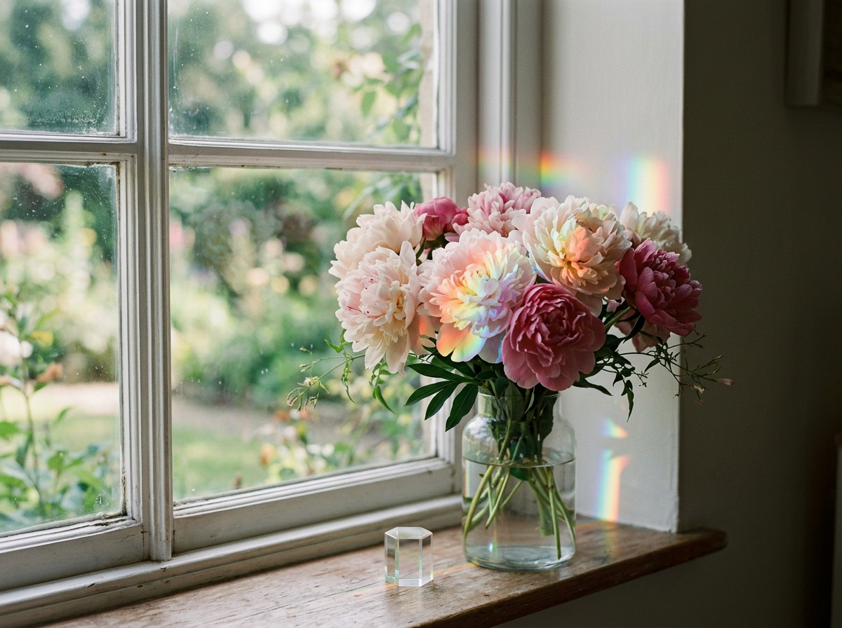 A glass vase with a bouquet of pink and white peonies sitting on a wooden windowsill, with sunlight creating rainbow reflections on the wall.