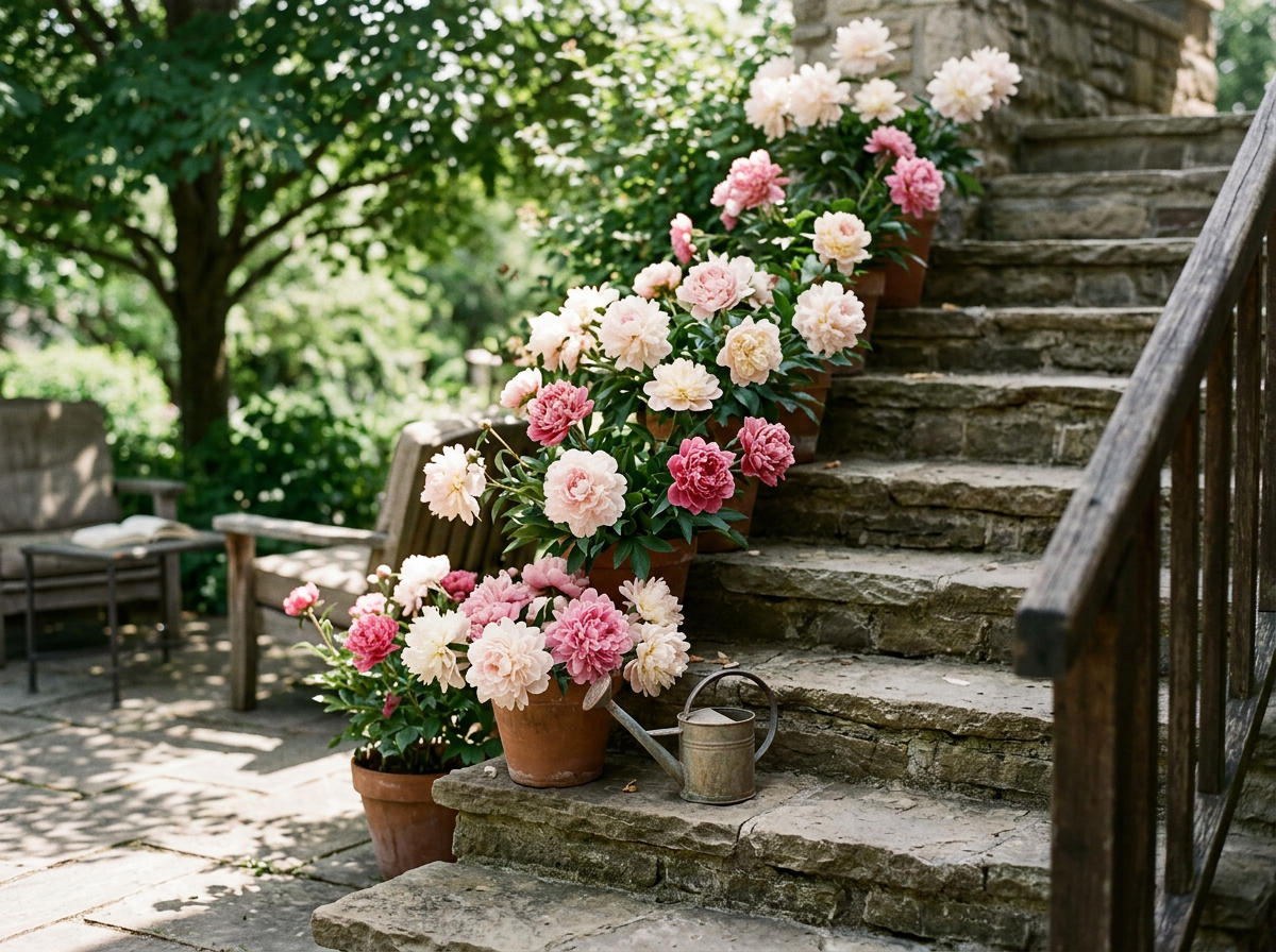Potted pink and white peonies arranged along stone steps in a garden, with a watering can nearby and shaded seating area in the background.