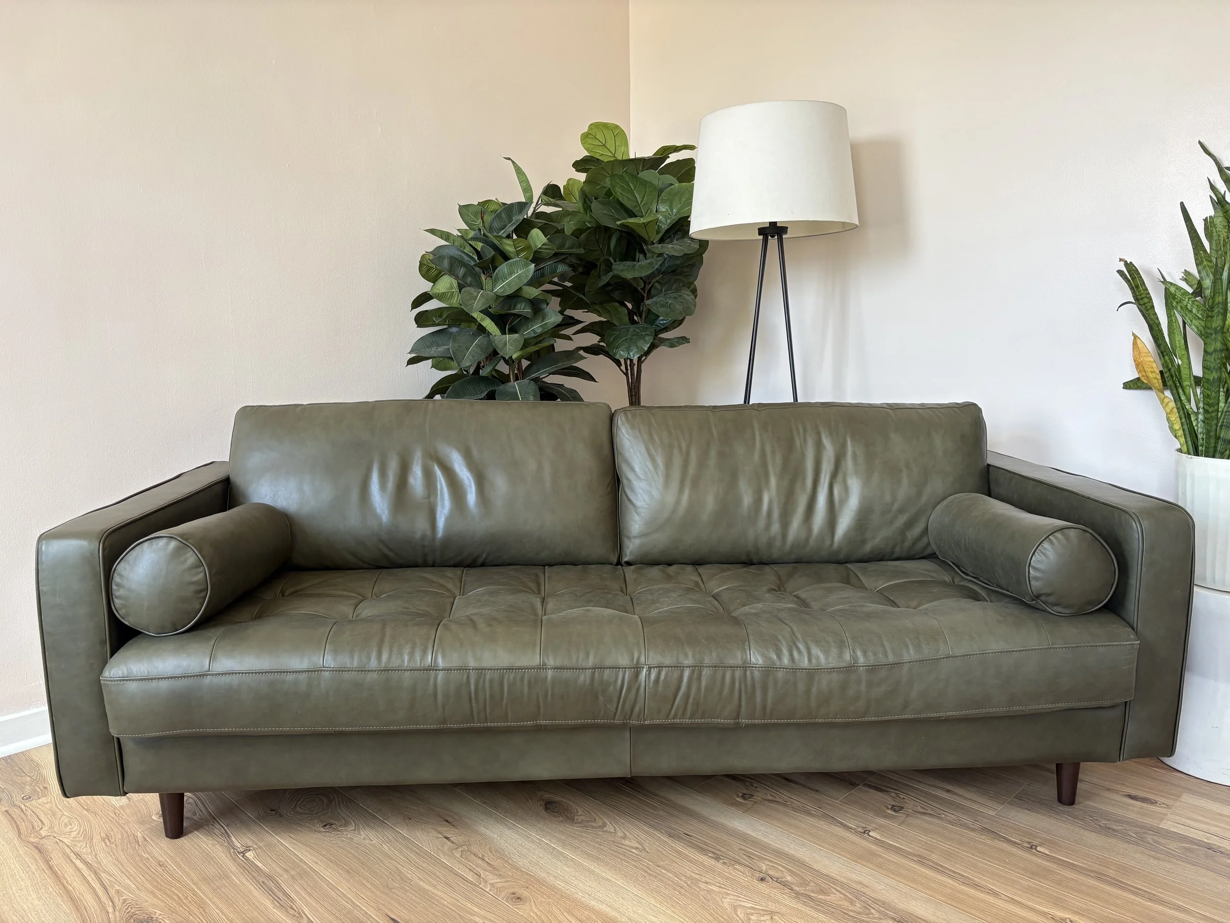 A green leather sofa with rolled arms and wooden legs in front of a white wall, with a large potted plant and a white floor lamp in the background.
