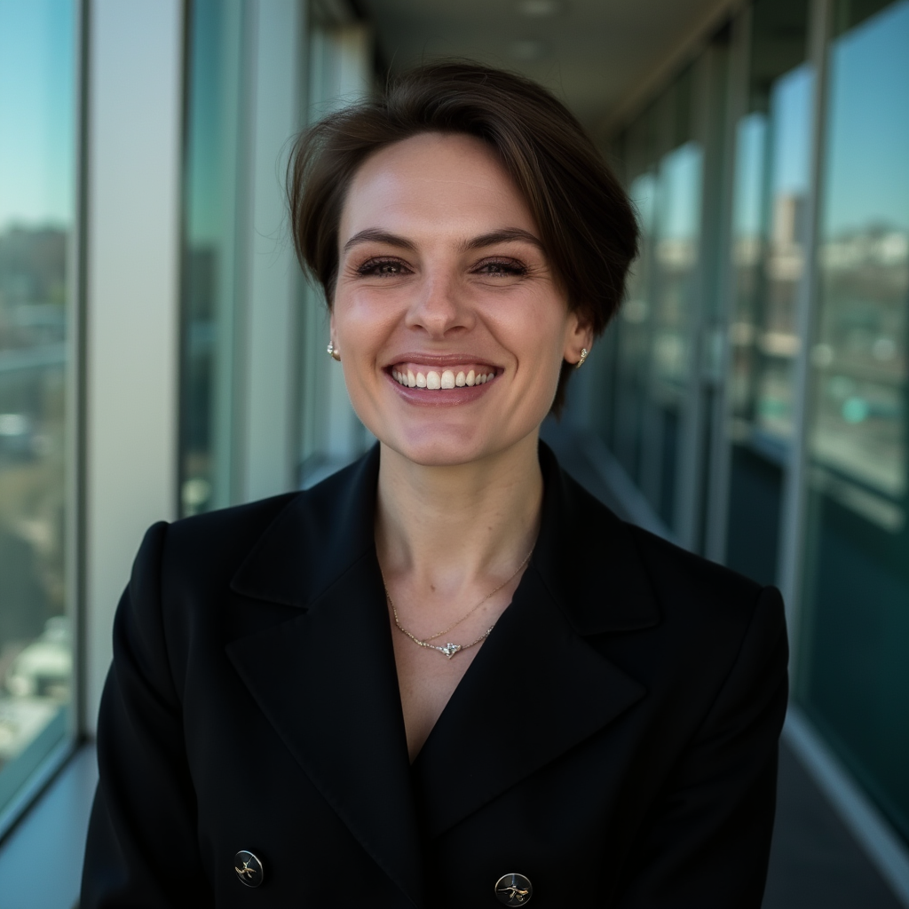 Anne Kunze, LICSW PLLC with short brown hair smiling, wearing a black blazer and jewelry, standing in a brightly lit room with large windows overlooking a cityscape.