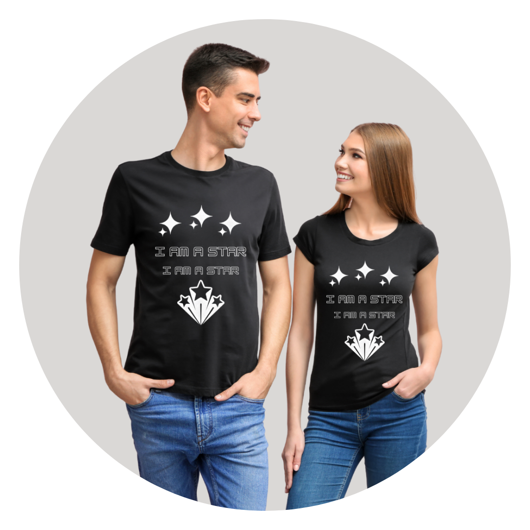 A man and woman are wearing matching black t-shirts with white star graphics and the text 'I am a star'. They are smiling and looking at each other.