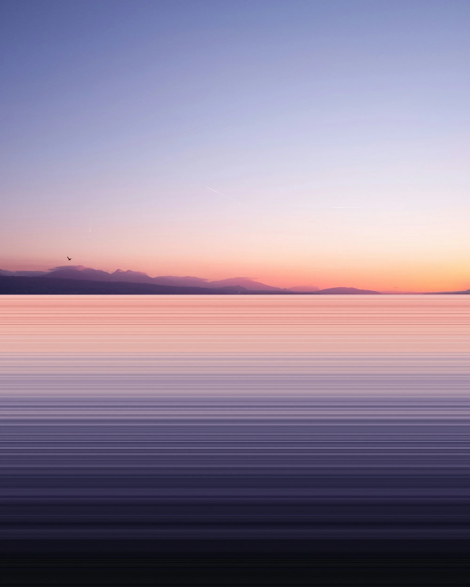 A landscape scene during sunset with mountains, a bird flying, and a colorful sky with pink, purple, and blue hues, though the lower part of the image appears distorted with horizontal lines.
