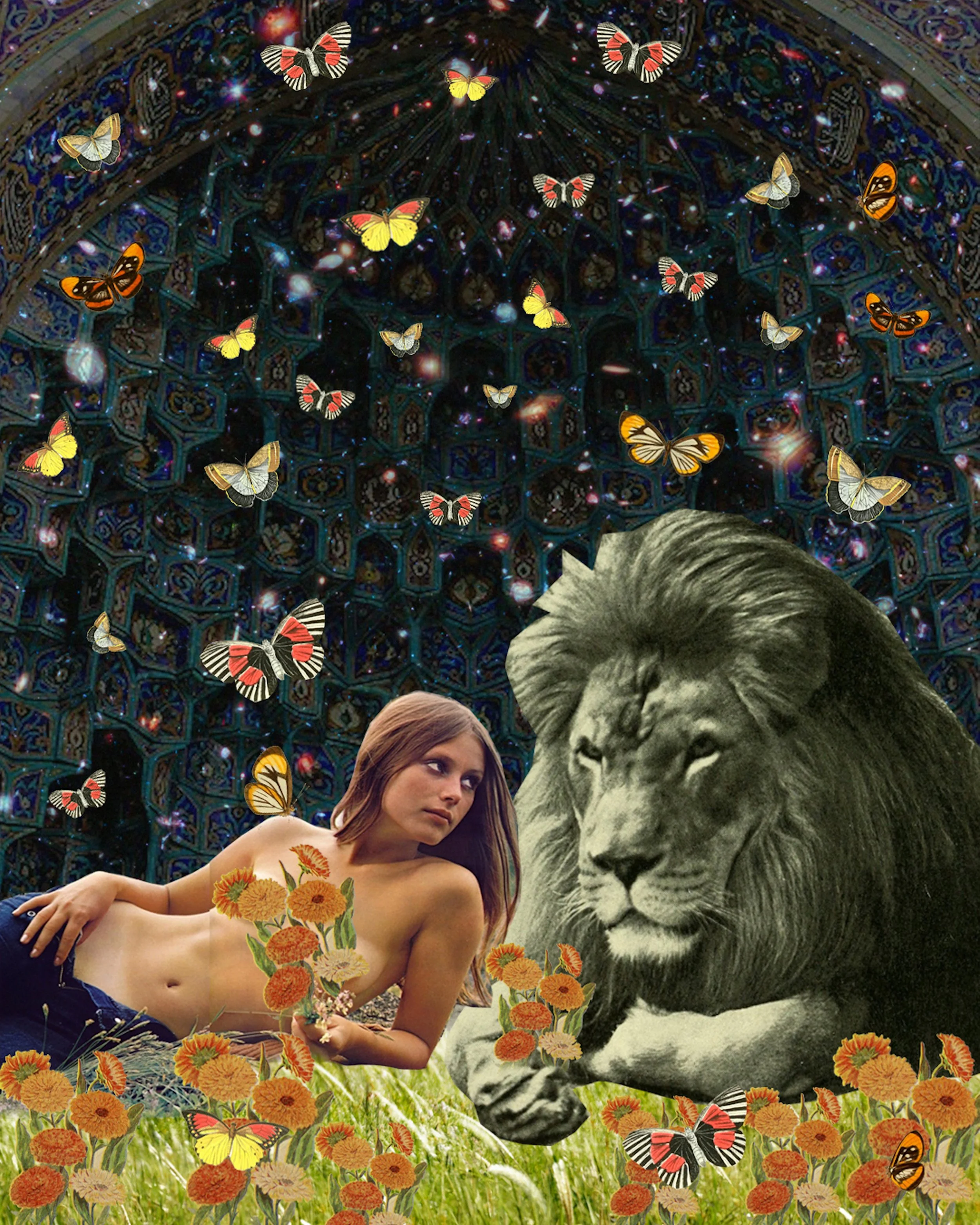 A collage featuring a woman with long brown hair and flowers on her shoulder, a large black and white lion, a galaxy background with butterflies flying above, and green grass and orange flowers at the bottom.