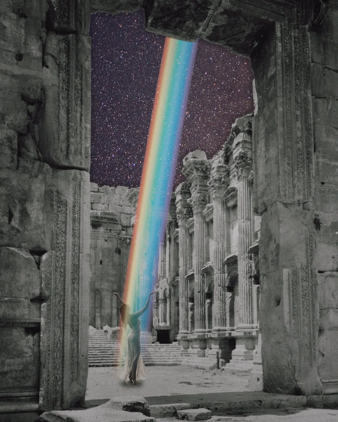 A woman in a flowing dress stands in an ancient stone ruin, reaching towards a vibrant rainbow-colored beam of light extending from a starry night sky through an opening in the structure.